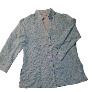 Grand & Greene Linen Blue Chevron V-Neck Top Womens Size L 3/4 Sleeve Office